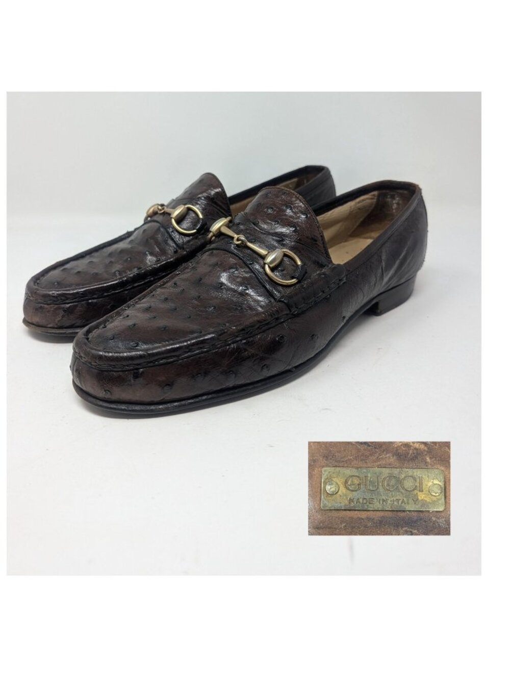 Vintage Y2K Gucci Horsebit Loafers 43.5 10 Brown Ostrich Leather